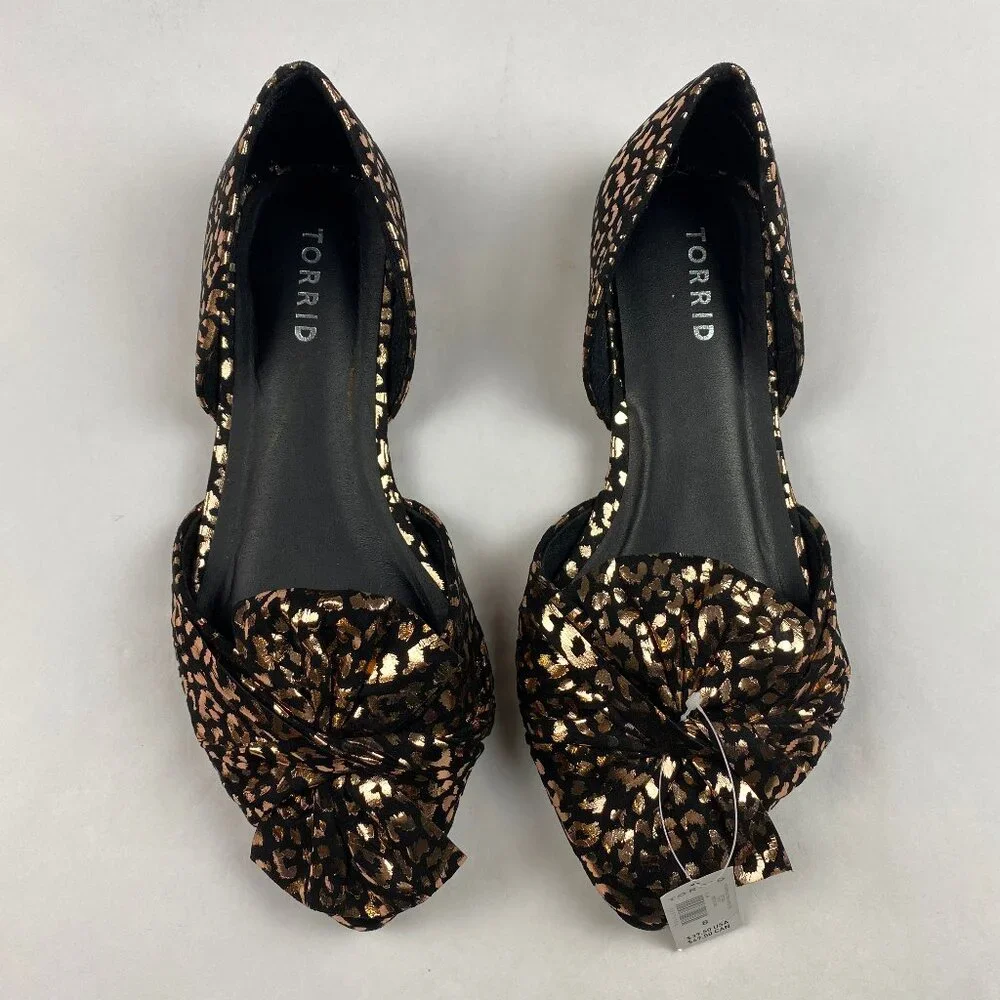 NWT Torrid Flats Black Metallic Gold Bow Leopard Print Shoes Women's Size 8WW - Picture 2 of 11